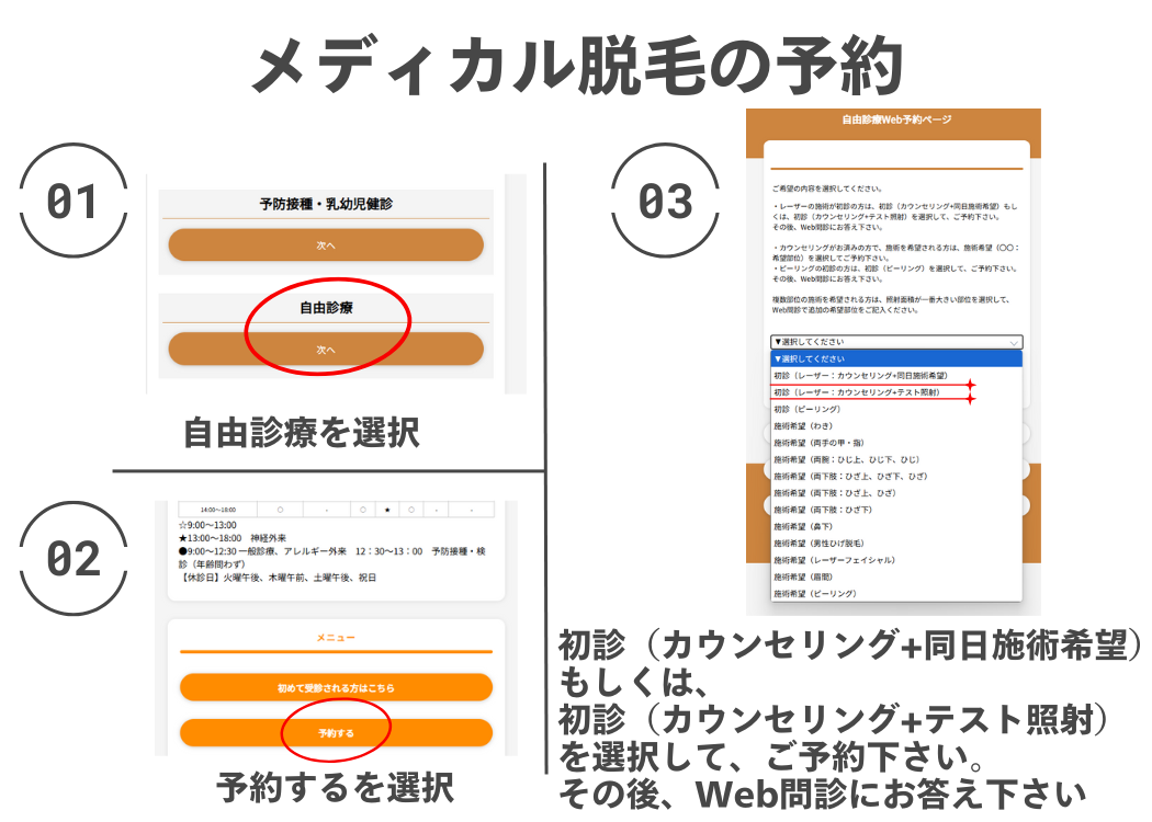 メディカル脱毛の予約手順 - Web予約システムでの自由診療選択から初診（カウンセリング+テスト照射）予約完了までの流れ