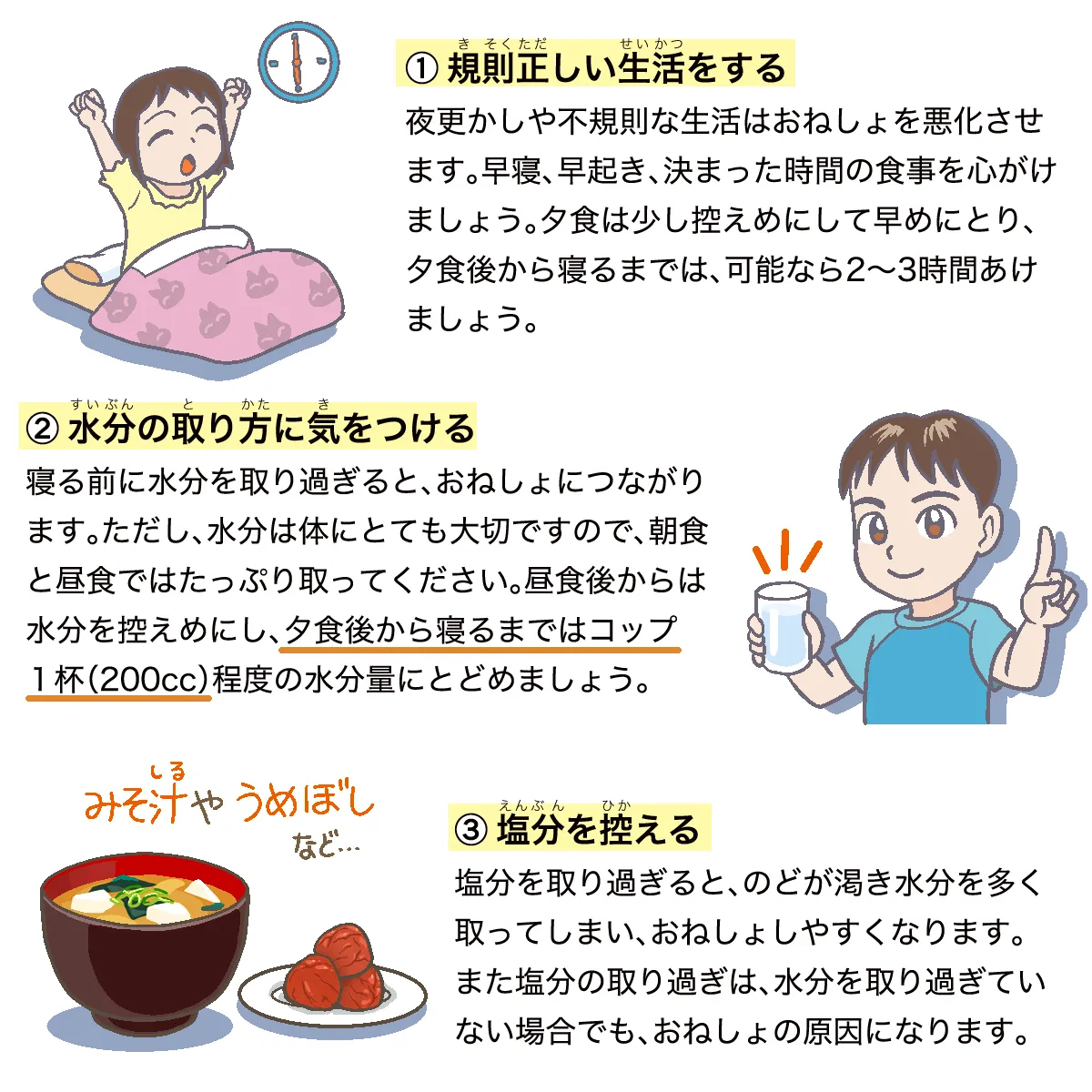 生活指導のポイント1-3：規則正しい生活、水分の取り方、塩分を控える