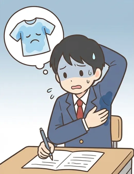 制服の脇の汗染みが気になってテストに集中できない様子