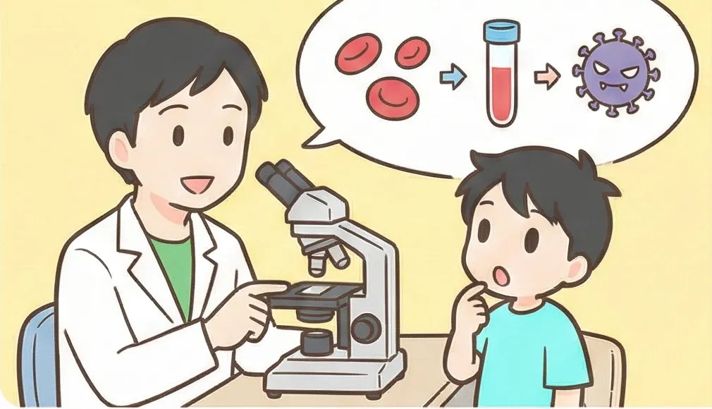 顕微鏡で検査をする医師と説明を聞く子供