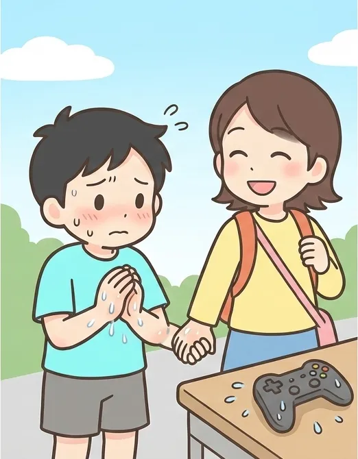 手汗でゲームのコントローラーが濡れたり手をつなぐのをためらう様子