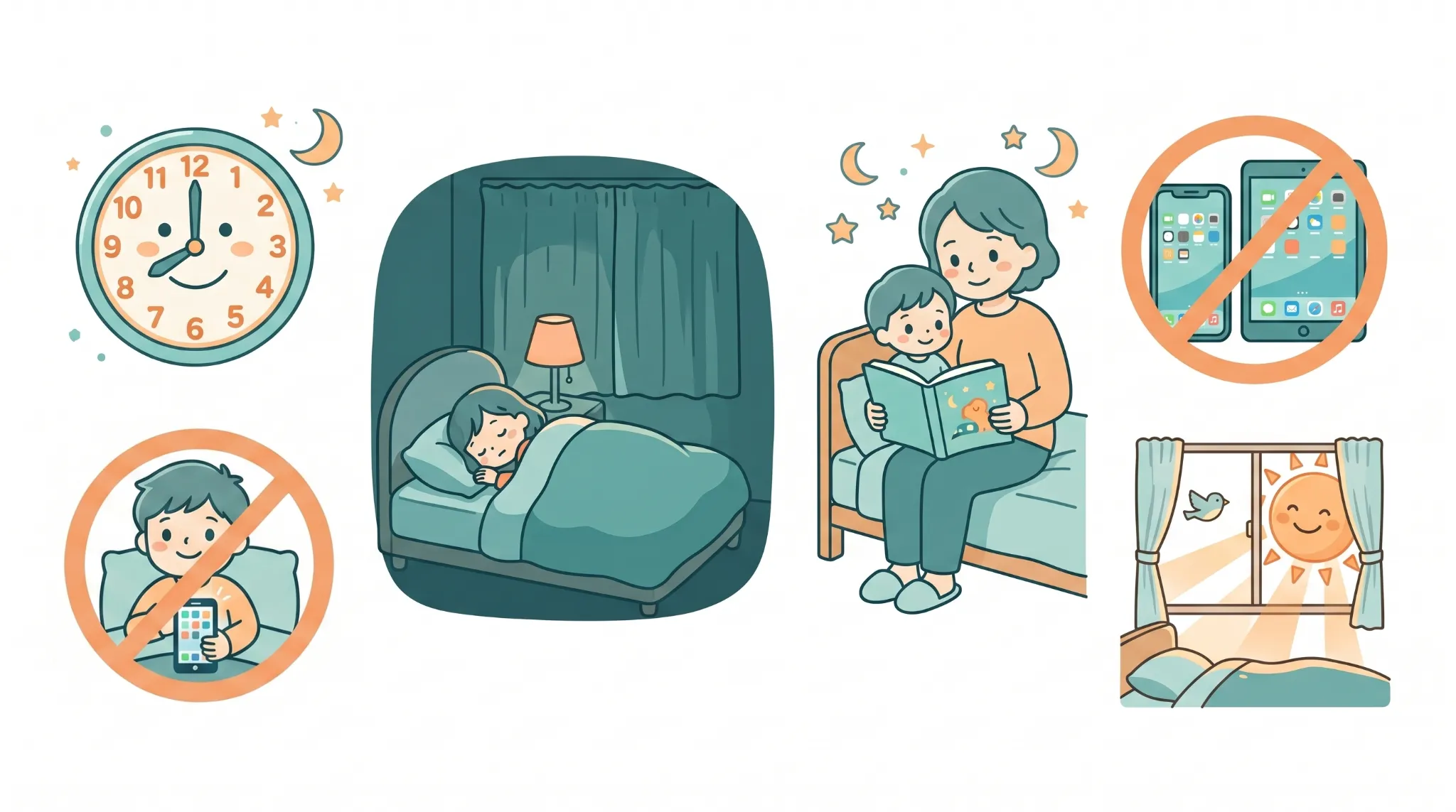 規則正しい就寝・暗く静かな寝室・就寝前の読み聞かせなど睡眠衛生のポイントを並べたイラスト
