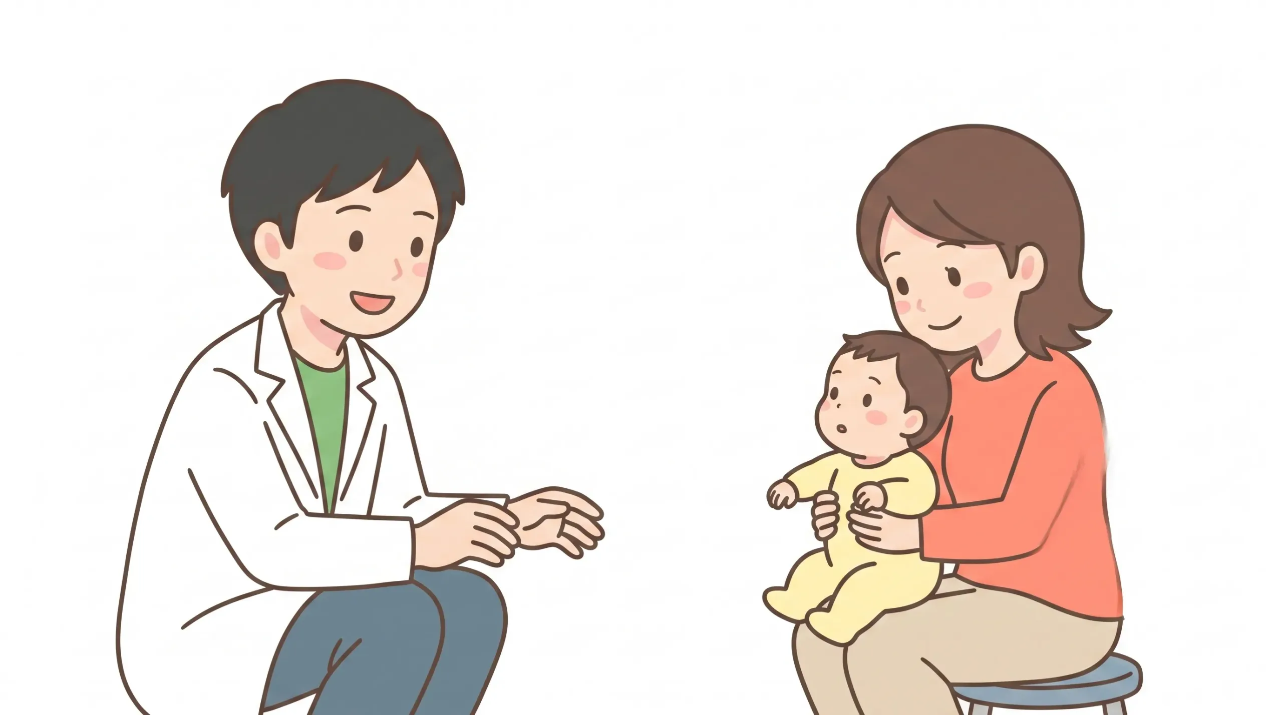 診察室で、赤ちゃんを抱いたお母さんに小児科医が説明している様子のイラスト