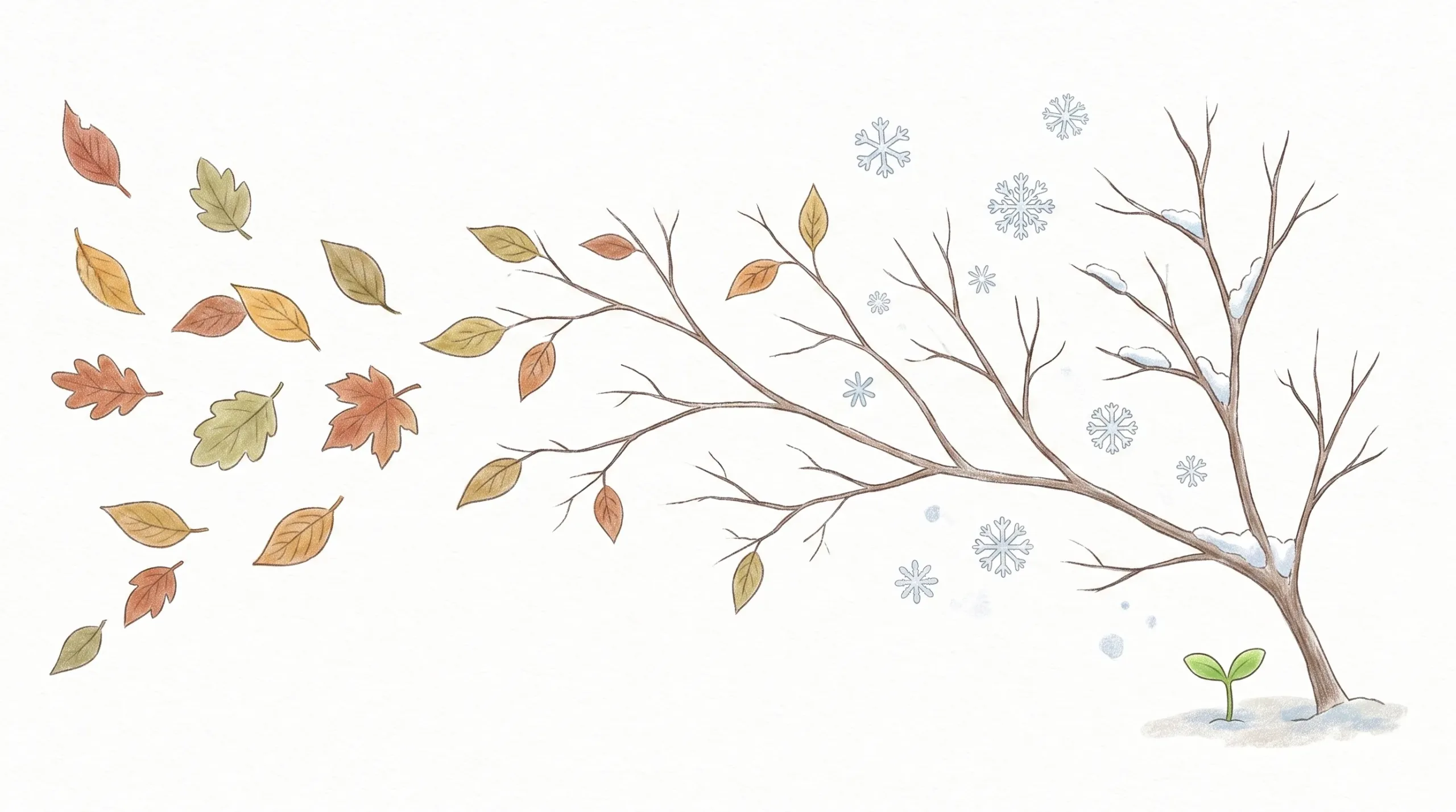落ち葉の秋から雪の冬へ、そして新芽へと移り変わる季節を描いたイラスト