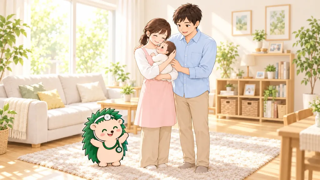 赤ちゃんを抱くお母さんとお父さんのそばで、ハリネズミのハリーが笑顔で見守っているイラスト