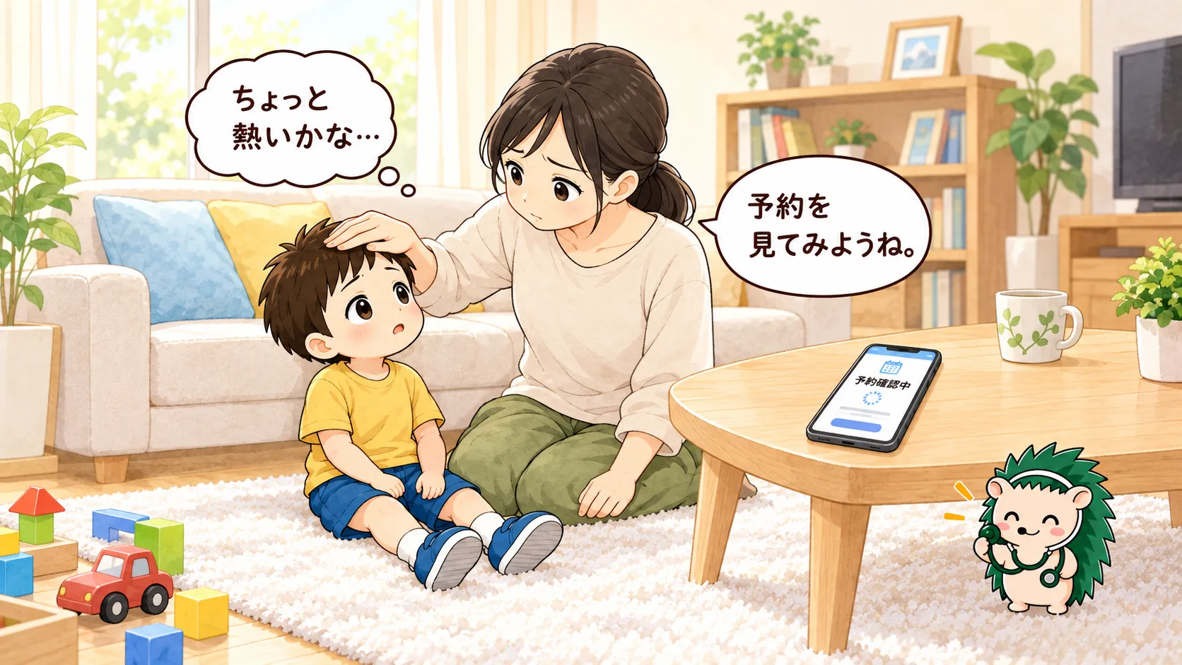 休日の自宅で、お母さんが男の子の額に手をあてて熱を確かめ、スマートフォンで予約を見ているイラスト