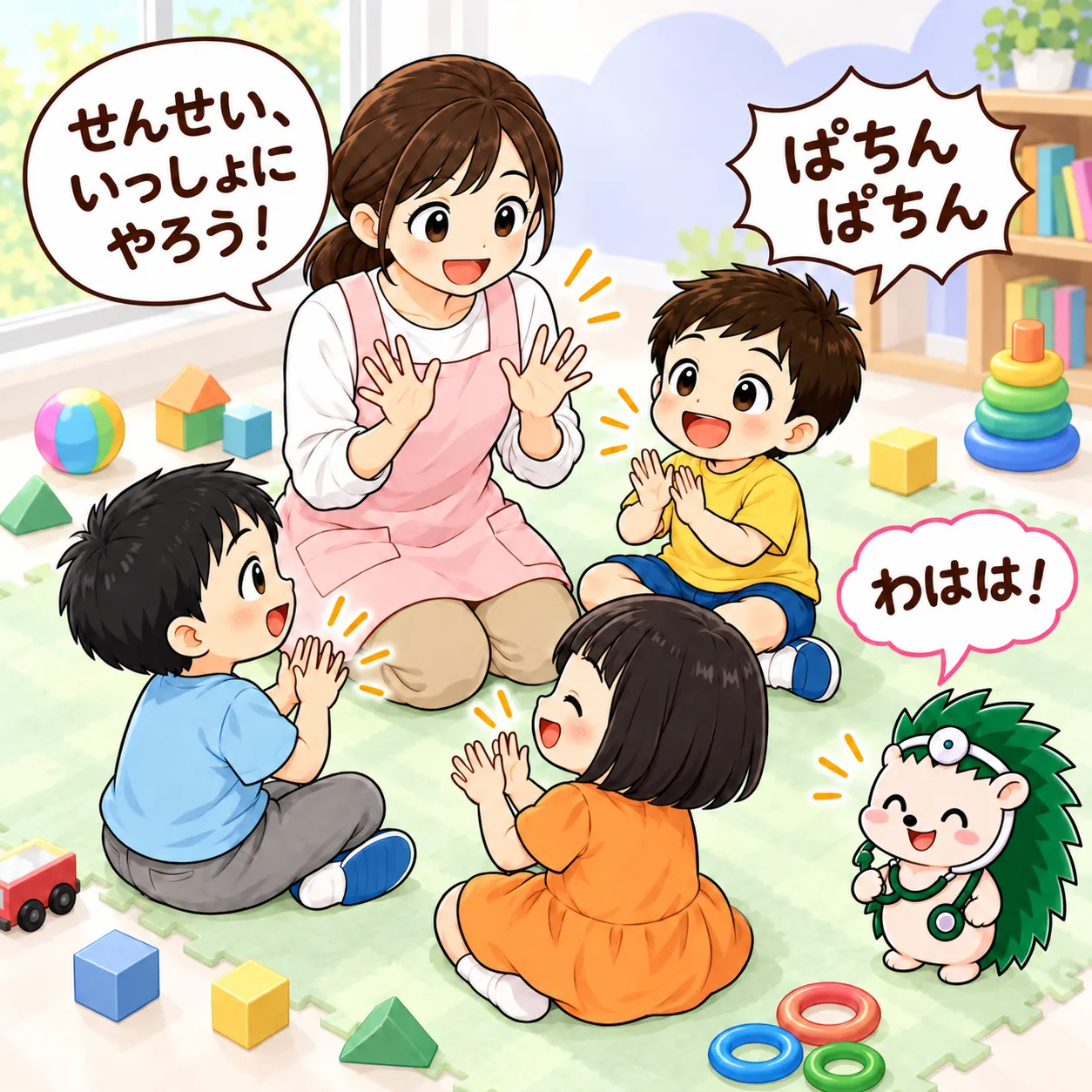 療育の教室で、先生と子どもたちが輪になって座り、手遊びをして笑っているイラスト