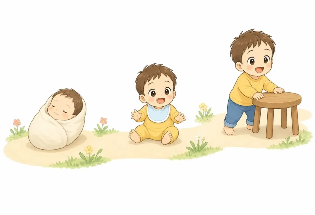 生後1か月・7か月・1歳の赤ちゃんの成長を表したイラスト