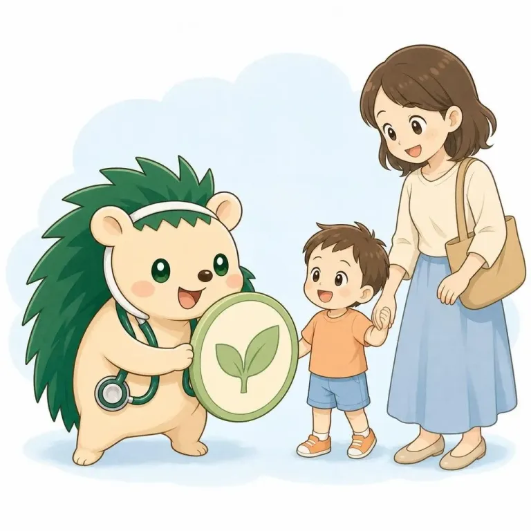 ハリネズミのハリーが盾を持って、お子さんとお母さんを守っているイラスト