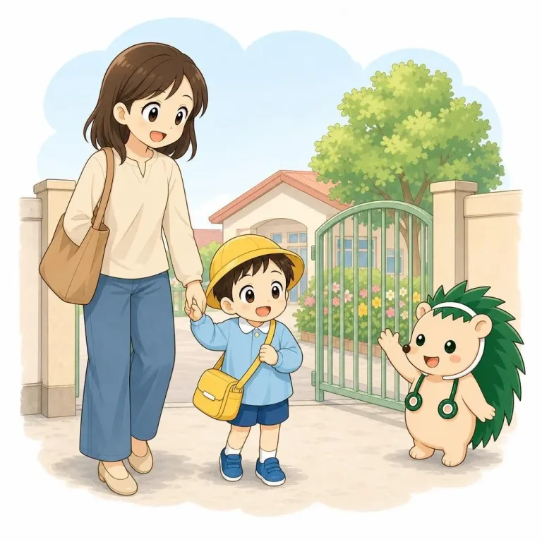 園の帽子をかぶった子どもとお母さんを、ハリネズミのハリーが園の門の前で見送っているイラスト