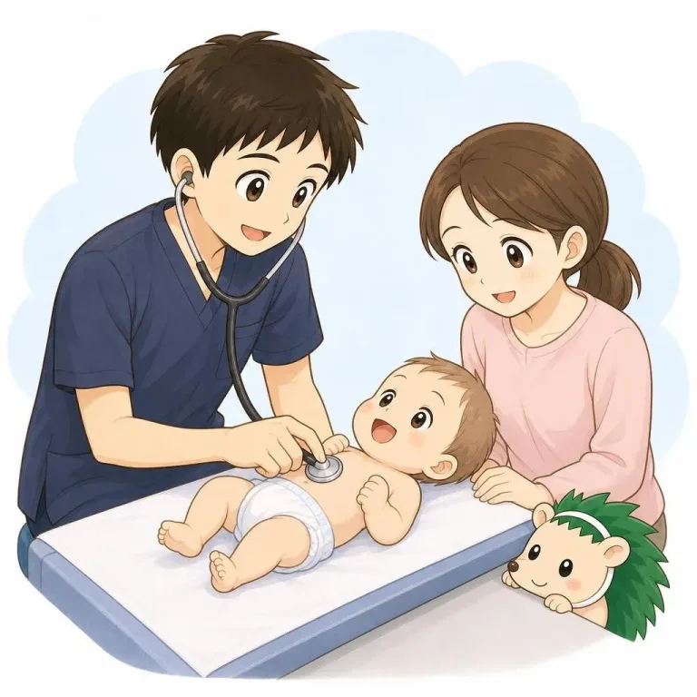 医師が赤ちゃんの胸に聴診器をあて、お母さんとハリネズミのハリーが見守っているイラスト
