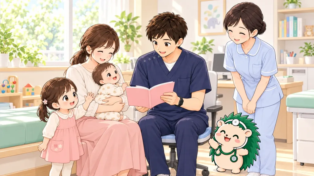 明るい診察室で、医師が赤ちゃんを抱いたお母さんと一緒に母子健康手帳を見ながら話している。そばで女の子が手を振り、看護師とハリネズミのキャラクターが笑顔で見守っている